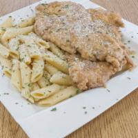Chicken Francese · Chicken Topped with Lemon Butter Sauce, served with a side of pasta or salad.