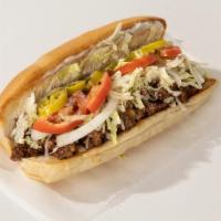 Spicy Classic · Spicy, chopped beef, silky American cheese, crisp shredded lettuce, raw onion, juicy sliced ...