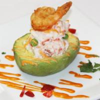 Palta Rellena De Camarones · Peruvian avocado stuffed with shrimp, marinated in Peruvian spices.