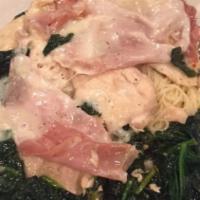 Saltimbocca Ala Romano Lunch · Cutlet sautéed and topped with baby spinach, prosciutto and melted provolone cheese. Served ...