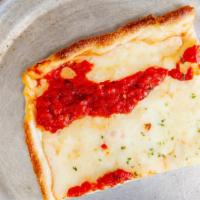 Grandma Pie · Thin Sicilian crust brushed with olive oil and garlic, fresh mozzarella, and spotted with ch...