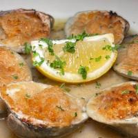 Baked Clams · Six baked fresh whole clams on half shell topped with bread crumbs, fresh herbs, garlic, ext...