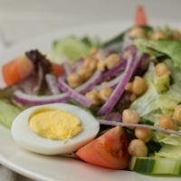 Chickpeas Garden Salad · Healthy and delicious! This salad combines chickpeas with lettuce, tomatoes, onions, Cucumbe...