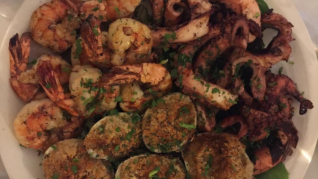 Misto Mare · Favorite. Assortment of grilled baby octopus, shrimps and baked clams.