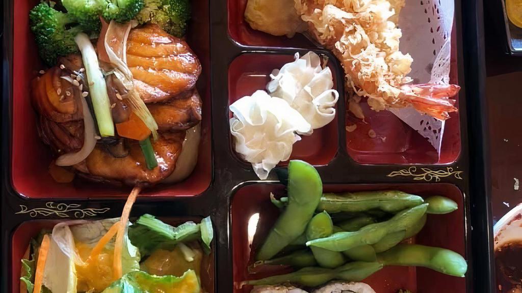 Salmon Teriyaki Box (Lunch) · Salmon grilled with a glaze of soy sauce served with rice, soup, salad, edamame, shumai, chicken wing, and California roll (4 pieces).