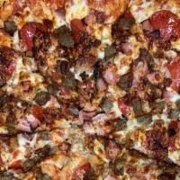 Italian Stallion · Traditional red pizza topped with Mozzarella, pepperoni, Italian sausage, ham, bacon, and me...