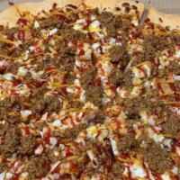 Plate Pizza · Traditional cheeseburger trash plate on an olive oil brushed pizza crust. Topped with ketchu...