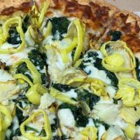 Artichoke & Garlic · A white‍ garlic pizza with Mozzarella and Provolone cheese topped artichoke hearts, hot bana...