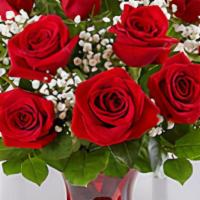 Blooming Love  · 1 doz of our premium red roses with baby's breath in a red vase.  Very classic and Romantic....