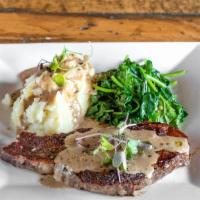 8Oz Steak Au Poive · Grilled 8oz Steak Frites  w/ cracked peppercorn sauce, served with mashed potatoes and sauté...