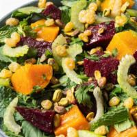 Roasted Beets And Kale Salad · pistachios, raisins, celery and balsamic vinaigrette