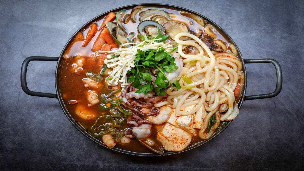 Seafood Jungol · Mild. Spicy stew with fresh mixed seafood and udon noodle.
(Octopus, Squid, Shrimp, Mixed Seafood, and Assorted Vegetables and Tofu.)