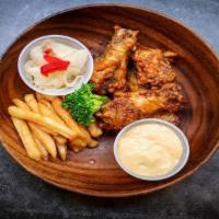 Fried Chicken (5Pcs) · Fried chicken wings with french fries.