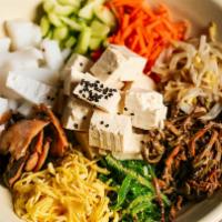 Tofu Bibimbob · Rice bowl with a variety of steamed vegetables and tofu.