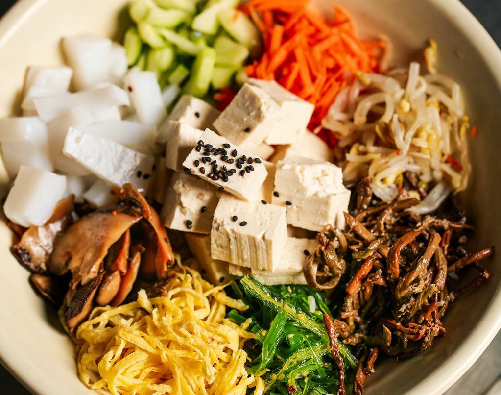 Tofu Bibimbob · Rice bowl with a variety of steamed vegetables and tofu.
