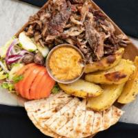 Pork Gyro Platter · Double portion of our slow roasted, hand-stacked pork gyro, over your choice of up to 2 side...