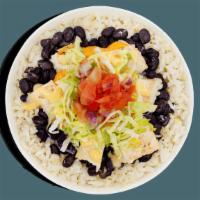 Signature Recipes - Grilled Chicken Burrito Bowl · Contains: Cheddar Cheese Sauce, Creamy Chipotle, Lettuce, Grilled Chicken