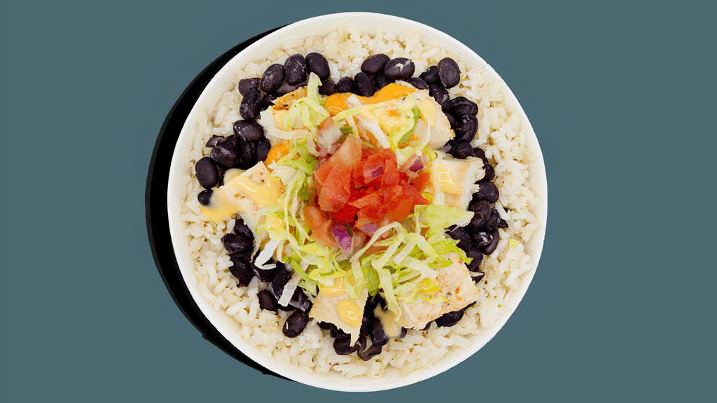 Signature Recipes - Grilled Chicken Burrito Bowl · Contains: Cheddar Cheese Sauce, Creamy Chipotle, Fresh Salsa, Lettuce, Grilled Chicken