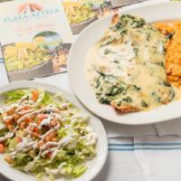 Spinach & Chicken Enchiladas · (920 CAL)
Three corn tortillas stuffed with grilled chicken
and spinach. Topped with a cream...