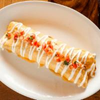 Burrito Chipotle · One ten inch flour tortilla filled with grilled chicken and peppers, rice, beans, topped wit...