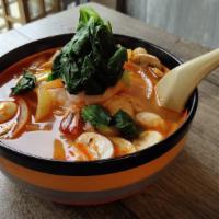 Tom Yum Noodle (Gluten Free) · Spicy. Rice noodle with mushroom, onion, bean spout and Chinese broccoli in spicy tom yum br...