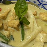 Green Curry (Gluten Free) · Spicy.   String beans, bamboo shoots, bell peppers and basil coconut milk.