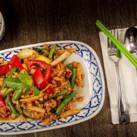 Kai Sub Kra Prow · Spicy.  Minced chicken, chili, garlic, bell peppers, basil and string beans in chili basil s...