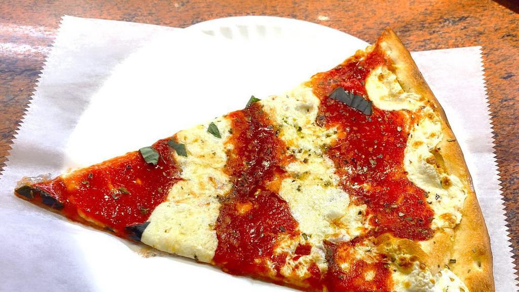 Margherita Pizza Slice · Thin crust with fresh, mozzarella and fresh basil.