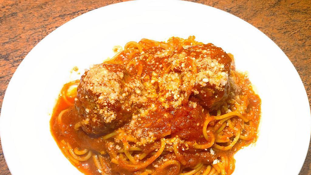 Spaghetti & Meatballs · Spaghetti with house-made marinara sauce, two homemade meatballs topped with grated Parmesan cheese.