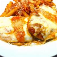 Chicken Cutlet Parmigiana Dinner · Chicken cutlet with fresh tomato sauce topped with melted mozzarella.