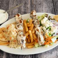 El Greco'S Chicken · Chicken Souvlaki with Greek Salad, Pita Wedges, Rice, Fries & Tzatziki Sauce. Served with yo...