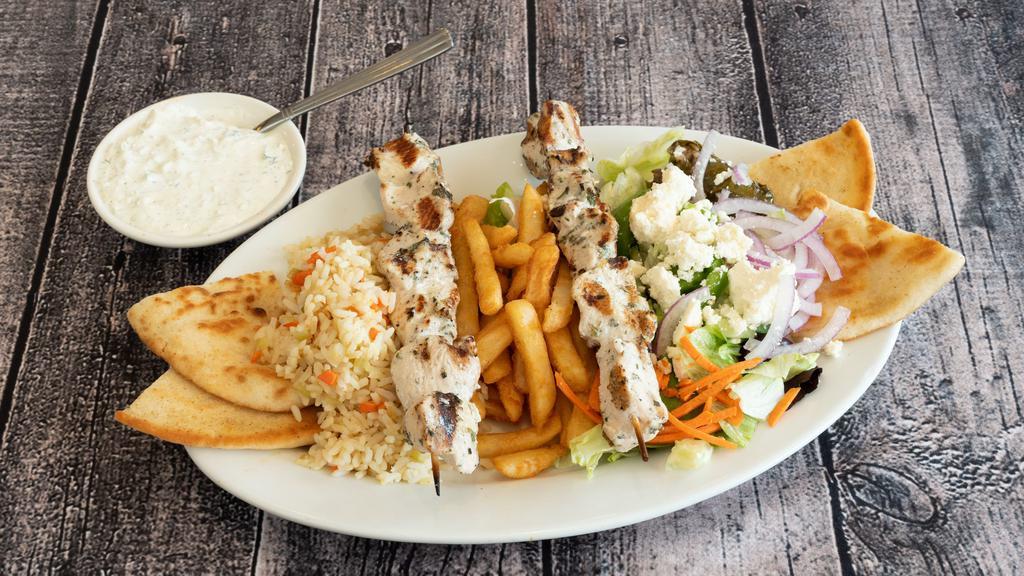 El Greco'S Chicken · Chicken Souvlaki with Greek Salad, Pita Wedges, Rice, Fries & Tzatziki Sauce. Served with your Choice of Soup.