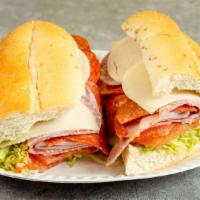 Italian Bomber · Salami, pepperoni, provolone, and ham cappy, with lettuce, tomato, onion and Italian dressin...