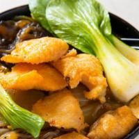 Fish Hot Pot 鱼片麻辣烫 · Served with winter melon, potato, cabbage, bok choy, lotus root, seaweed, wood ear, fried to...