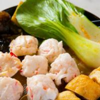 Lobster Ball Hot Pot 虾丸麻辣烫 · Served with winter melon, potato, cabbage, bok choy, lotus root, seaweed, wood ear, fried to...