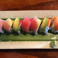 Rainbow Roll · Inside is crab meat, cucumber and Outside is tuna, yellow tail, salmon, avocado.
