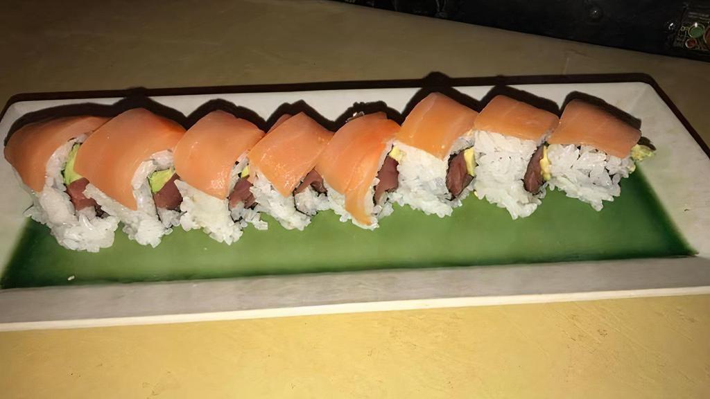 Samurai Roll · Inside is tuna, avocado. Outside, smoked salmon.