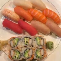 Sushi Deluxe · 10 pcs of sushi and 1 California roll.