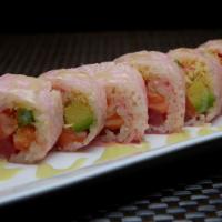 Holiday Roll · Tuna, salmon, avocado, masago, crunch wrapped in soy paper, served with sauce of sesame, jal...