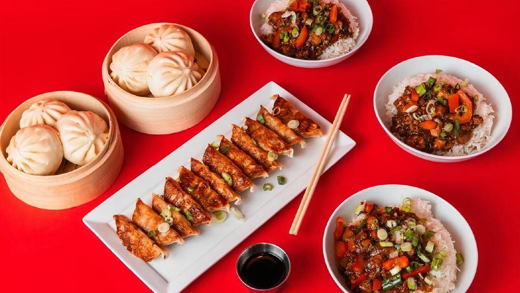 The Family Bundle · An easy meal for 4-5 people. The Family Bundle is a combination of our fan favorites with 3 BBQ Berkshire Pork bao, 3 Spicy Mongolian Beef bao, 12 pan-seared Ginger Chicken potstickers, and 3 Teriyaki Chicken bowls.