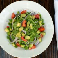 Avocado Salad · Baby arugula, avocado, roma tomatoes, red onions, citrus vinaigrette dressing.