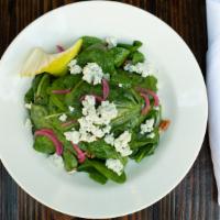 Baby Spinach Salad · Autumn pear, pickled red onions, pecan with blue cheese crumbles, vinaigrette