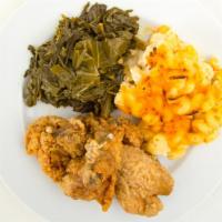 Emily’S Sweet Southern Fried Chicken · With braised  collard greens served with choice of smashed sweet potato or mac  & cheese, ho...