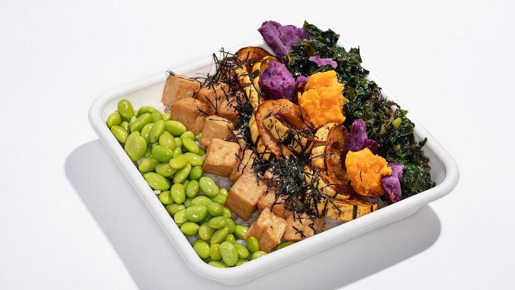Macro Bowl · Seasoned rice with shelled Edamame, Miso, Marinated Tofu, Roasted Five Spice Squash, Spicy Sriracha Kale, Roasted Sweet Potatoes, and Crispy Shallots! Served with a choice of Carrot Ginger Dressing, or Sesame Dressing. **Vegan**