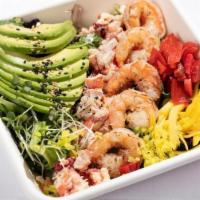Lobster & Shrimp Bowl · Yuzu Seasoned Lobster, Grilled Shrimp, Fresh Mango, Mixed Greens, Pickled Daikon + Topped wi...