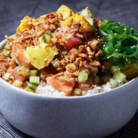 Large Poke Bowl · Three poke choices with choice of base, protein, sauce, and toppings.