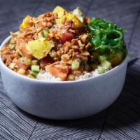 Don Poke Bowl · Salmon and tuna with onion crisps, cucumbers, green onion, mango, seaweed salad, sesame seed...