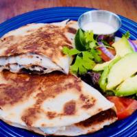 Pollo Quesadilla · Chicken quesadilla on a flour tortilla with melted Oaxaca cheese with lettuce, tomatoes, oni...