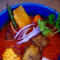 Caldo De Res/ Spicy Beef Soup · A beef soup, with vegetables; corn, potatoes, chayote, string beans and carrots. Tortillas, ...