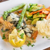 Salmon Gorgonzola · Pesto crust salmon topped with melted gorgonzola cheese & asparagus in white lemon sauce. Al...